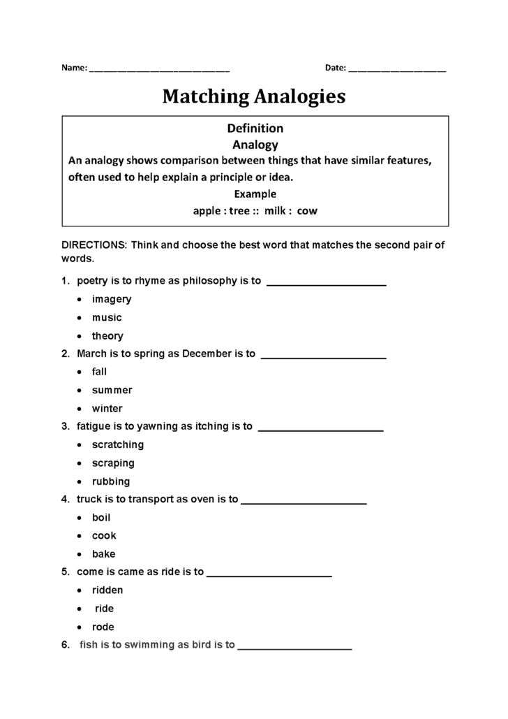 Analogies Worksheet With Answer Key