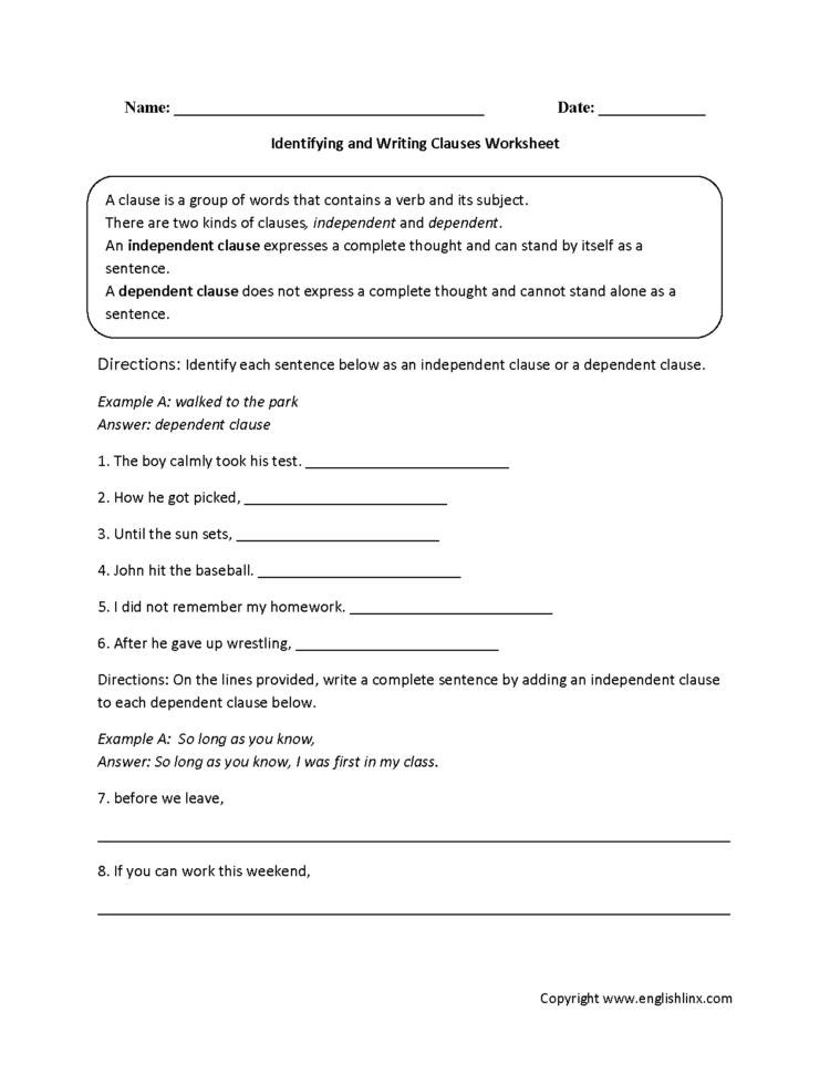 Englishlinx  Clauses Worksheets