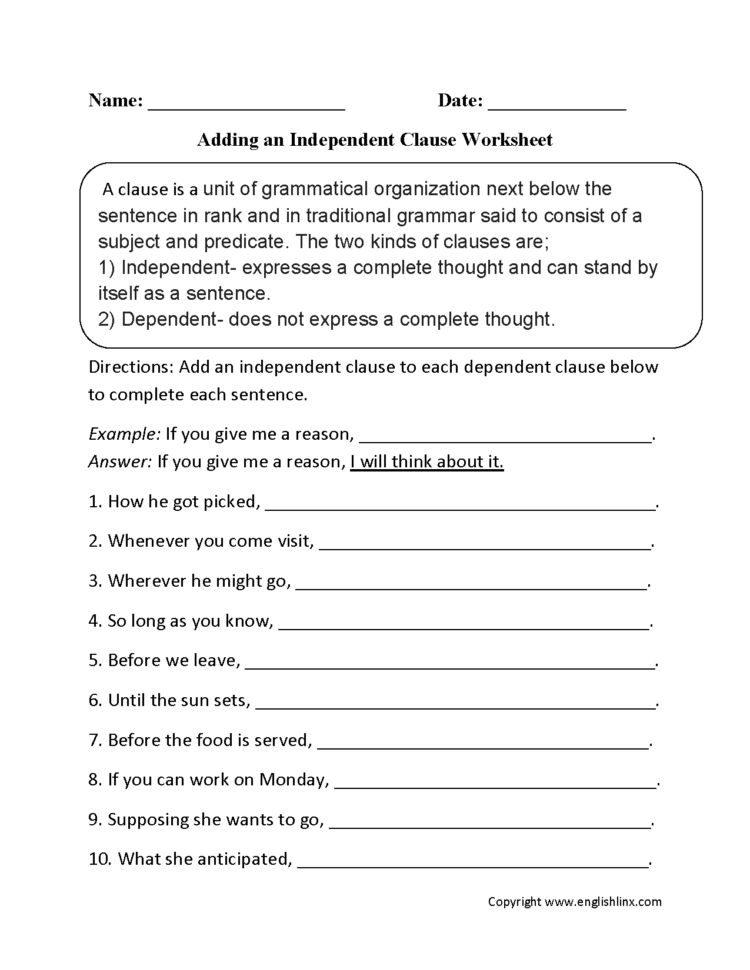 Englishlinx  Clauses Worksheets