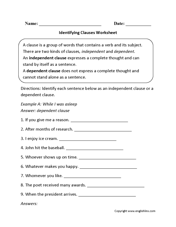 Englishlinx  Clauses Worksheets