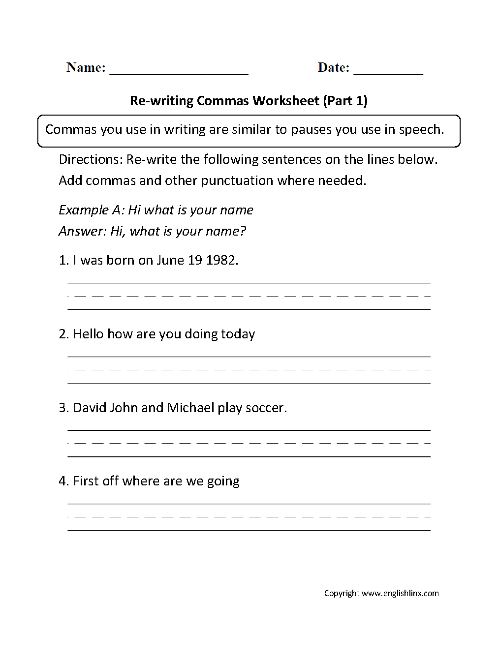 5th Grade English Comma Worksheet