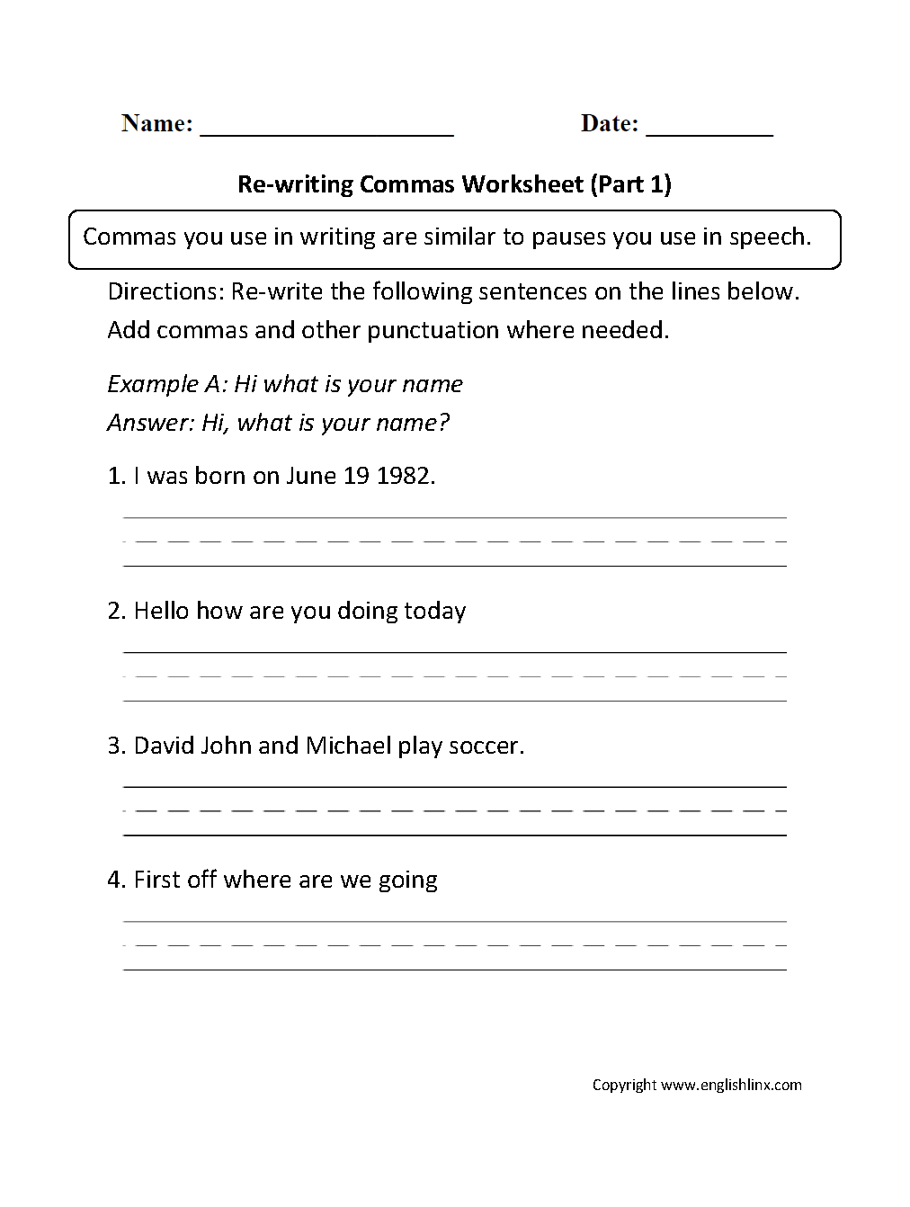 Practice With Commas Worksheet