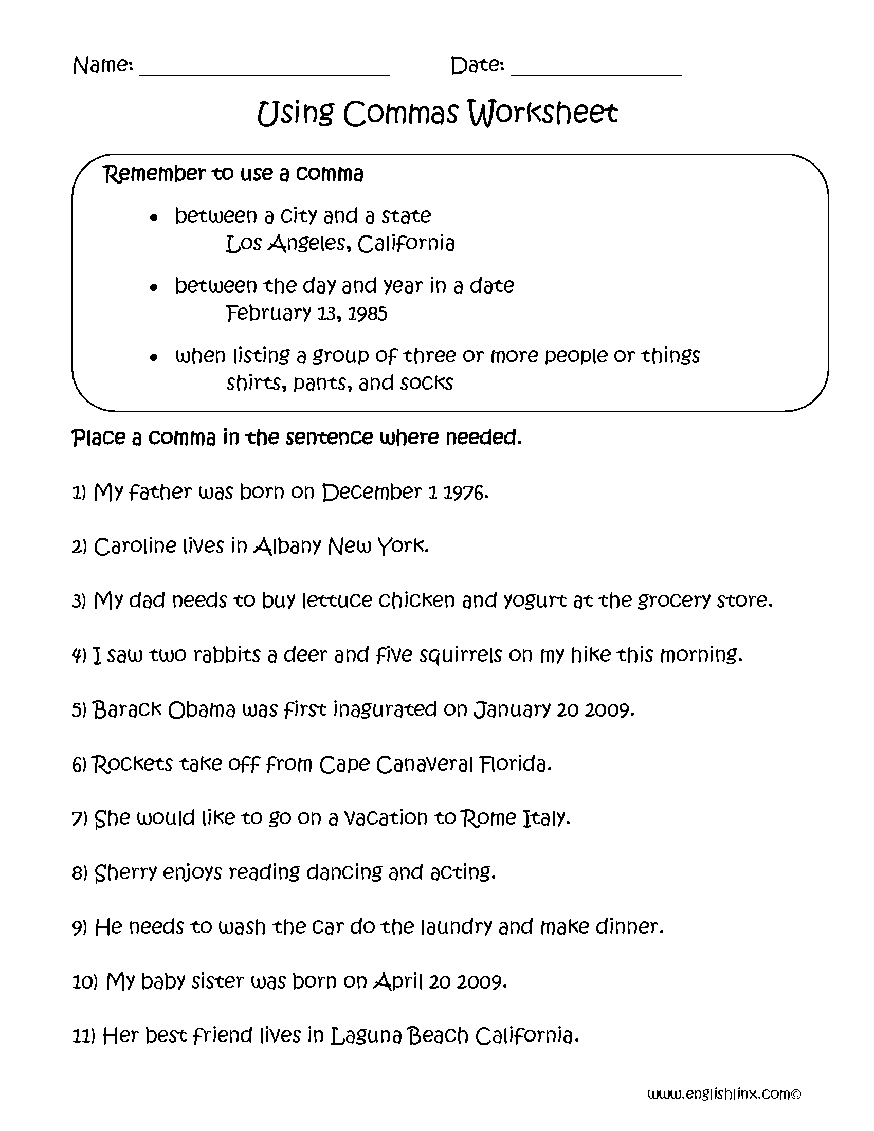 Adjectives And Commas Worksheet
