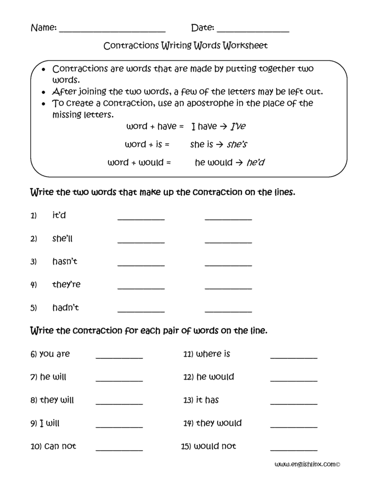 Englishlinx  Contractions Worksheets