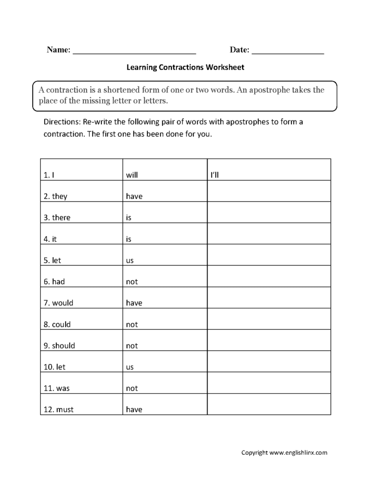 Englishlinx  Contractions Worksheets