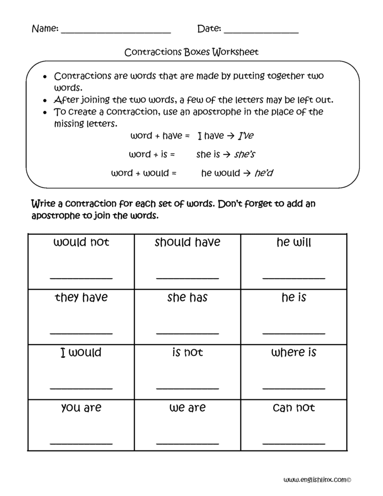 Englishlinx  Contractions Worksheets