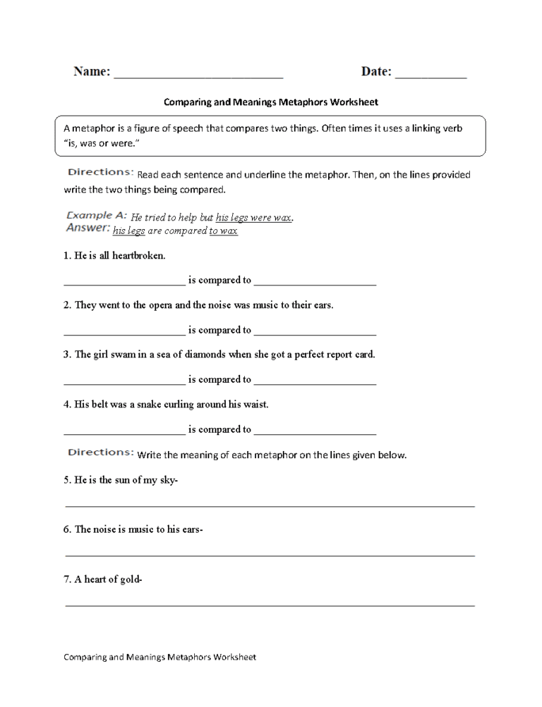 metaphor worksheets pdf db excelcom