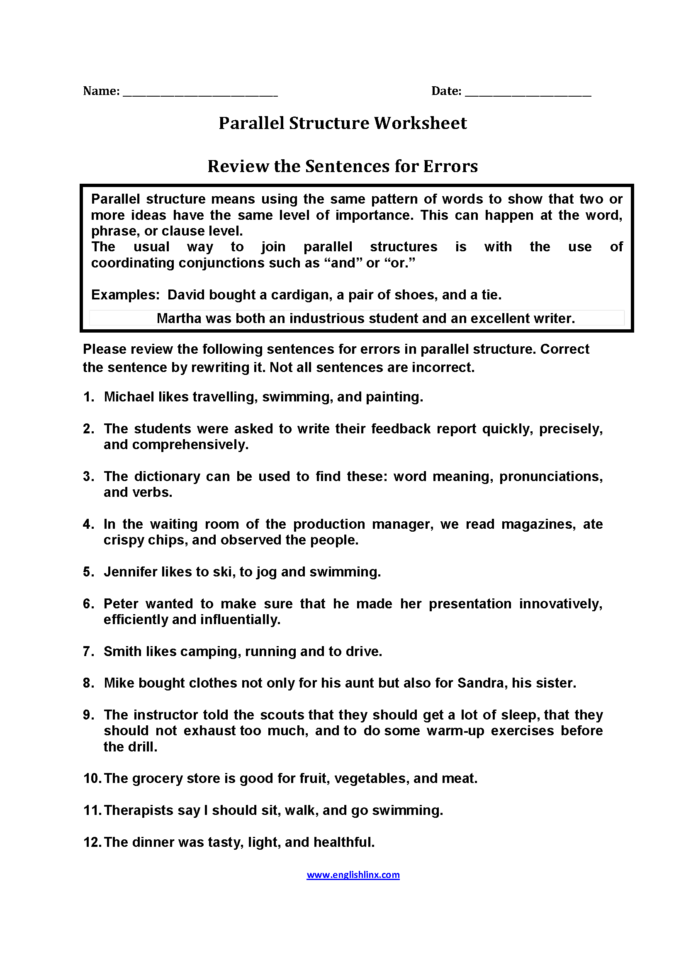 Englishlinx  Parallel Structure Worksheets