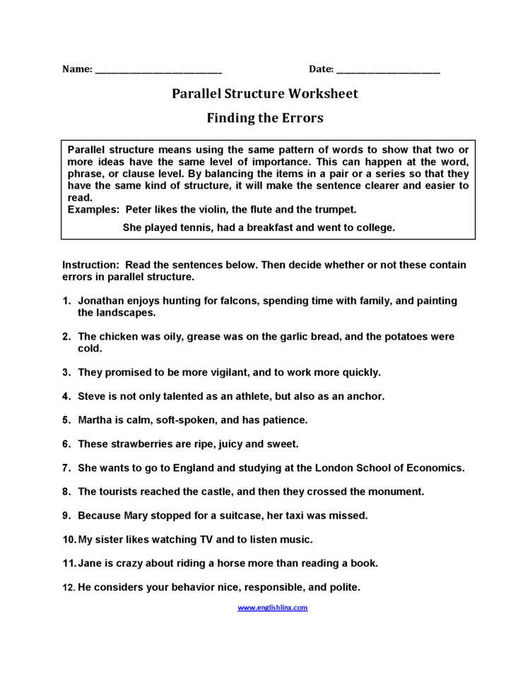 Englishlinx  Parallel Structure Worksheets