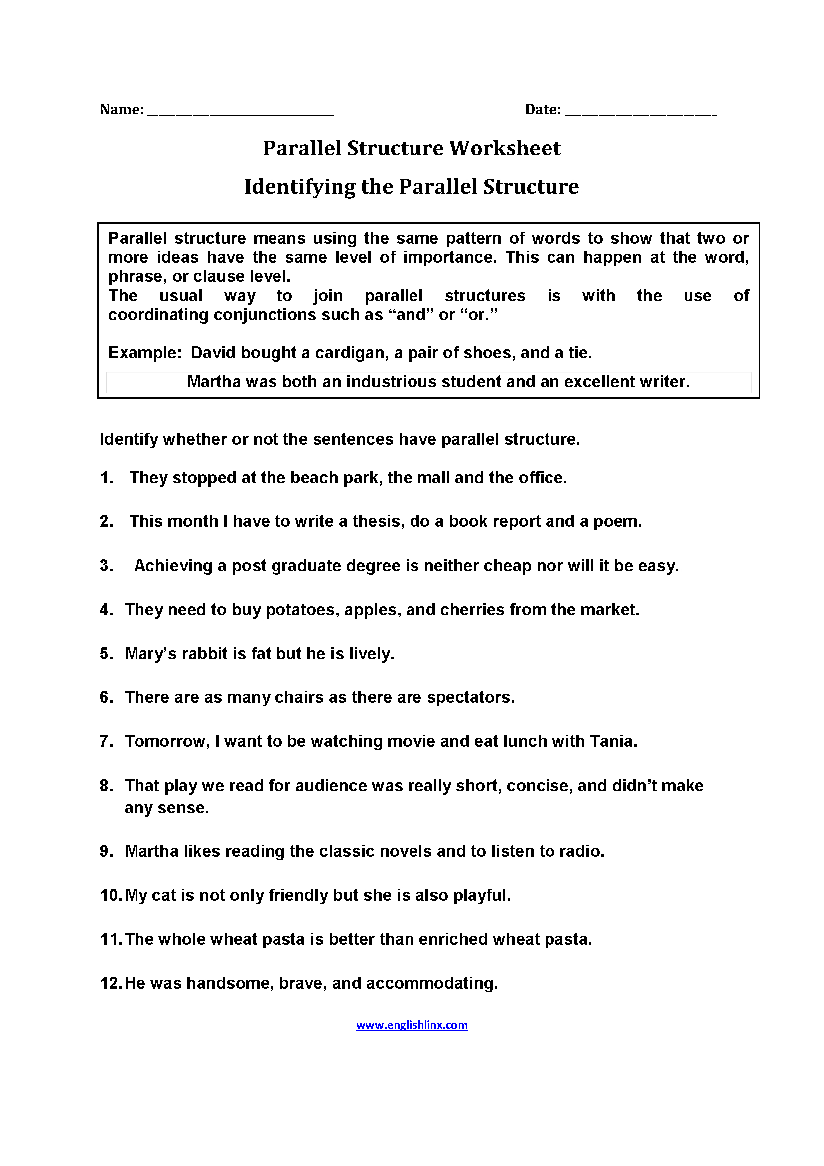 Free Parallel Sentence Structure Worksheets