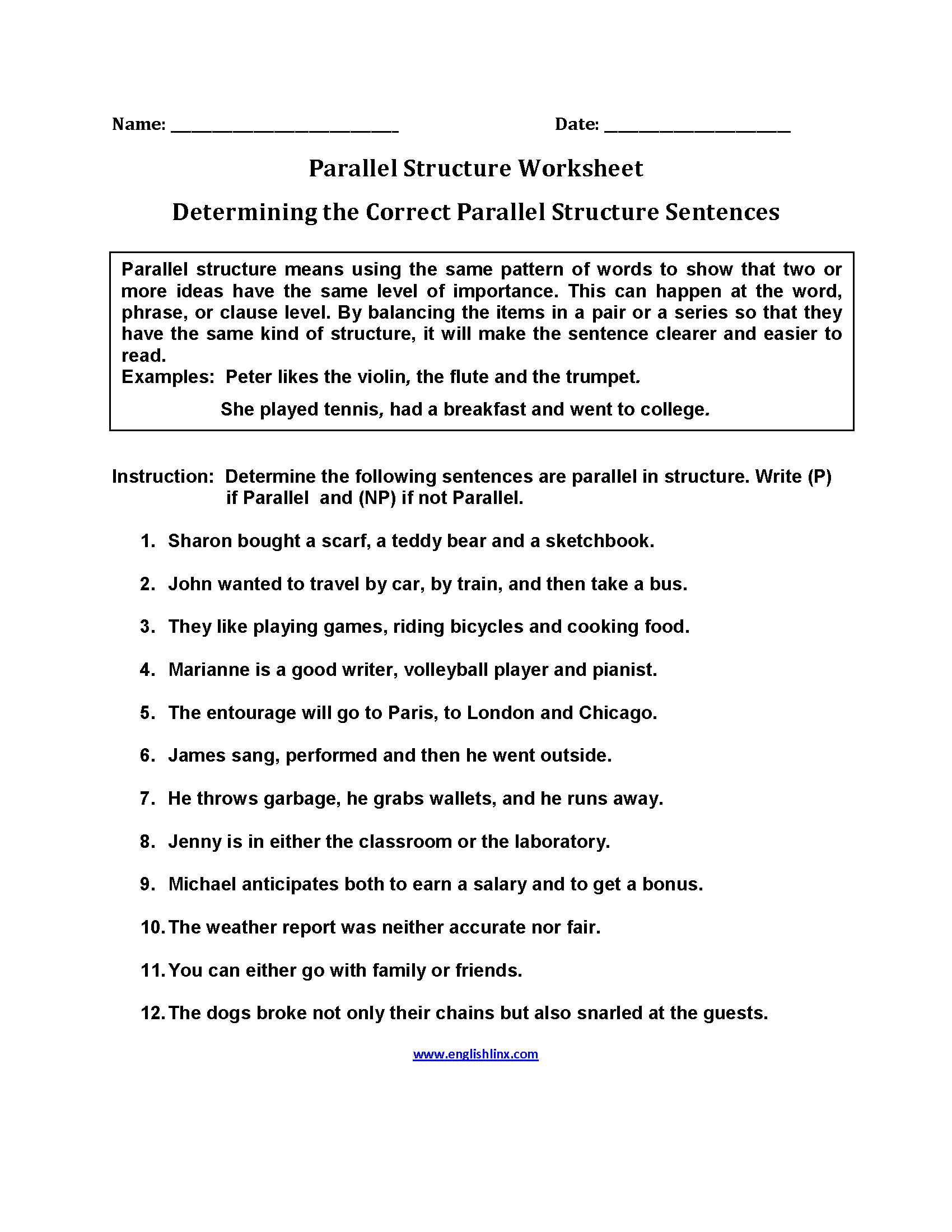 Englishlinx  Parallel Structure Worksheets