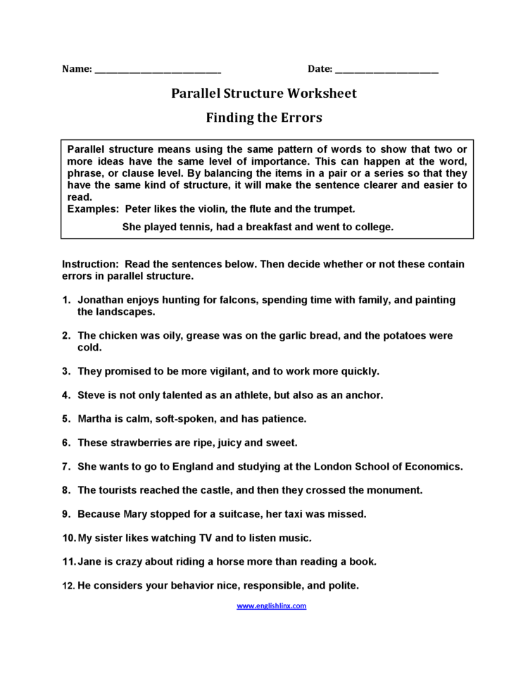 Englishlinx  Parallel Structure Worksheets