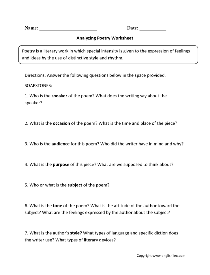 5Th Grade Poetry Worksheets Db excel