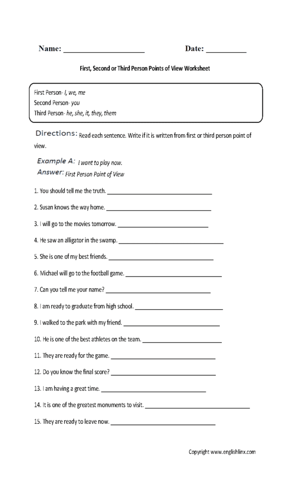 Englishlinx  Point Of View Worksheets