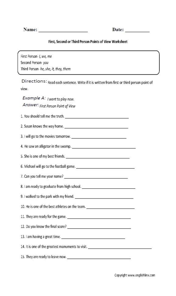 Englishlinx  Point Of View Worksheets