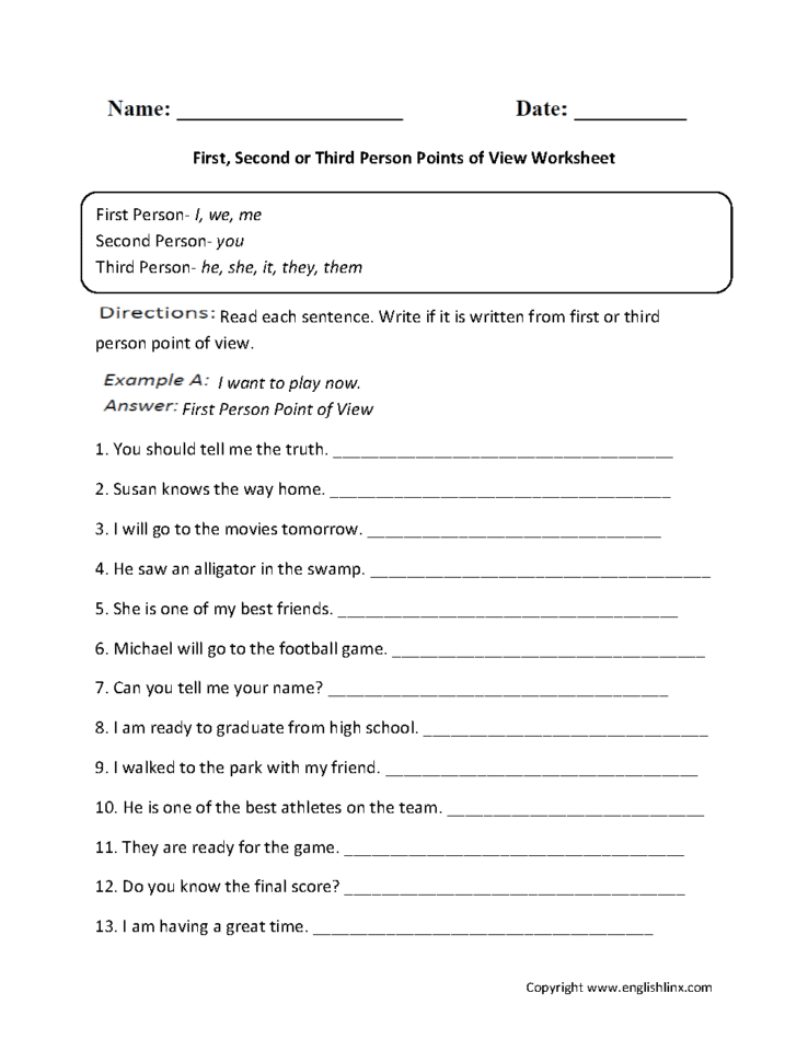 Englishlinx  Point Of View Worksheets