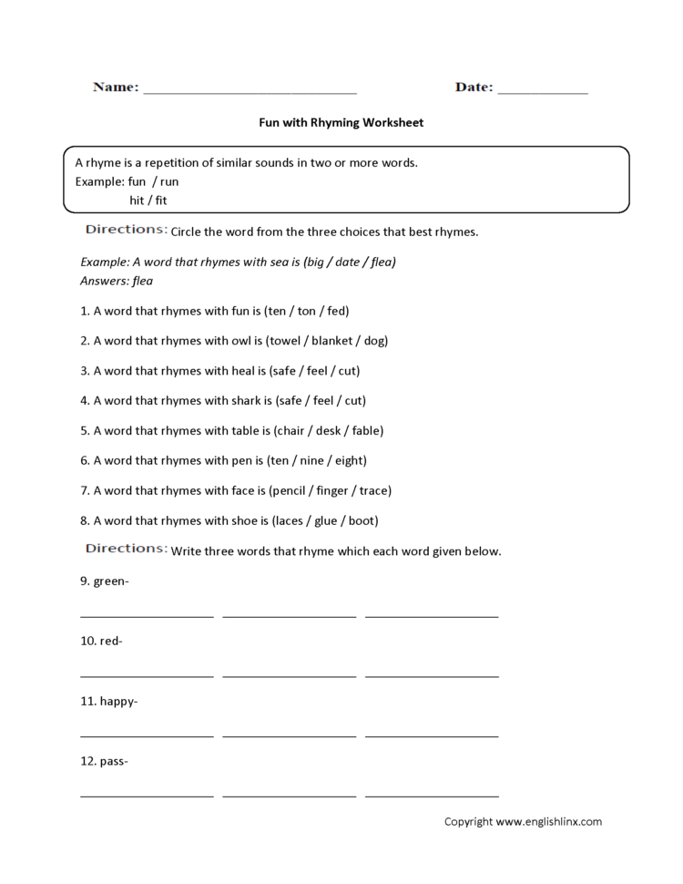 Englishlinx  Rhyming Worksheets