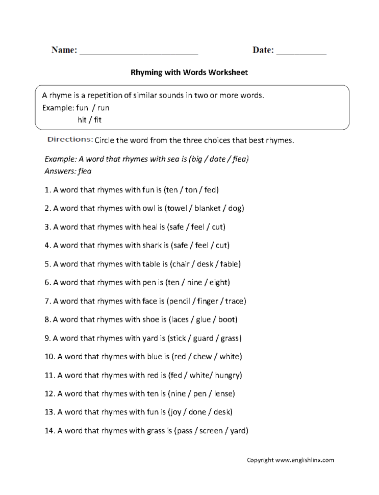 Englishlinx  Rhyming Worksheets