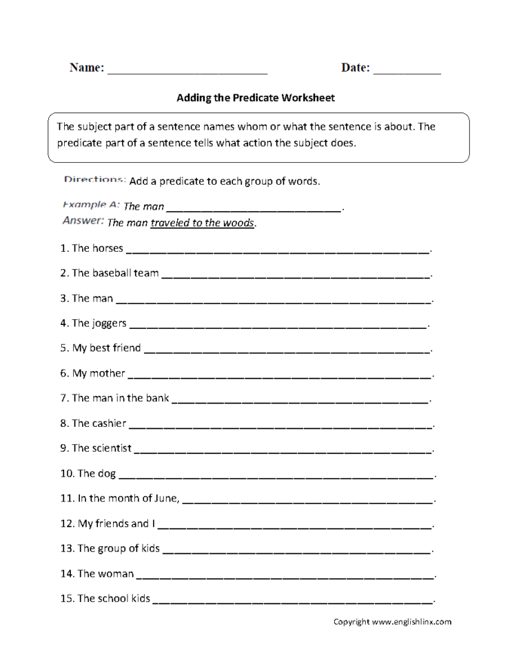 Englishlinx  Subject And Predicate Worksheets