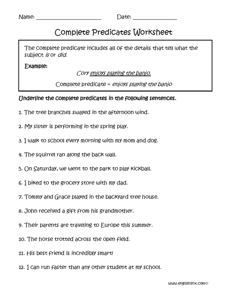 Englishlinx  Subject And Predicate Worksheets