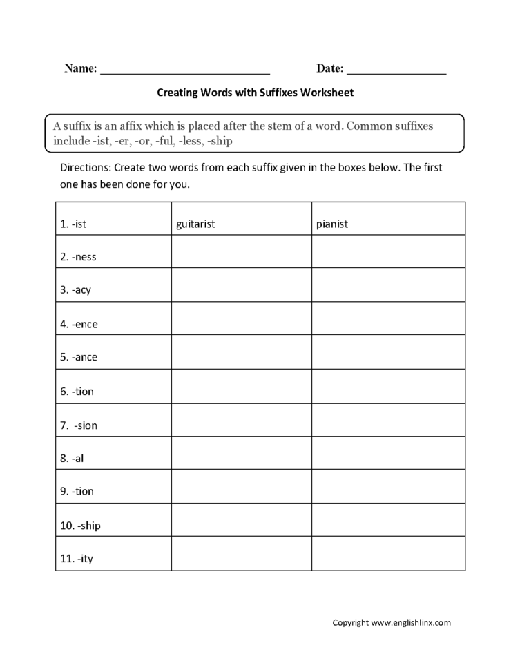 Englishlinx  Suffixes Worksheets
