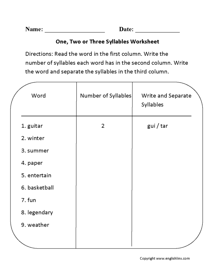 Englishlinx  Syllables Worksheets