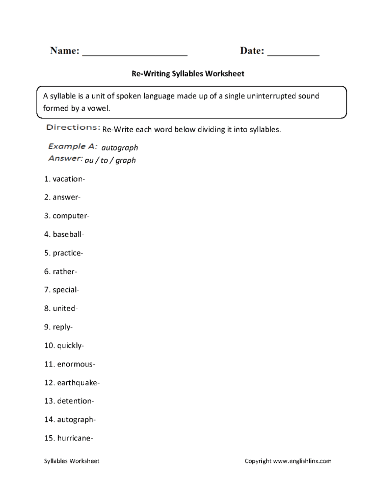 Englishlinx  Syllables Worksheets