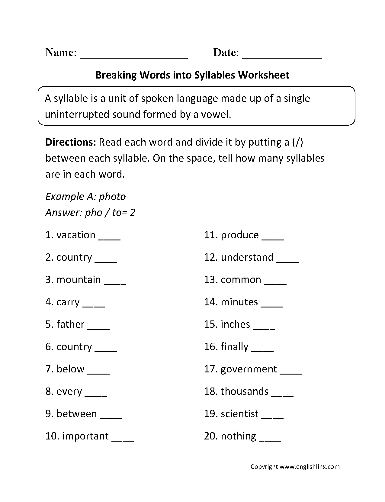 Free Printable Multisyllabic Words Worksheets