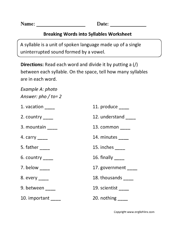 Englishlinx  Syllables Worksheets