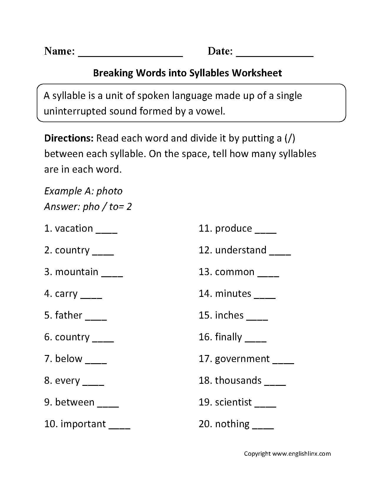 syllables printable worksheets kindergarten