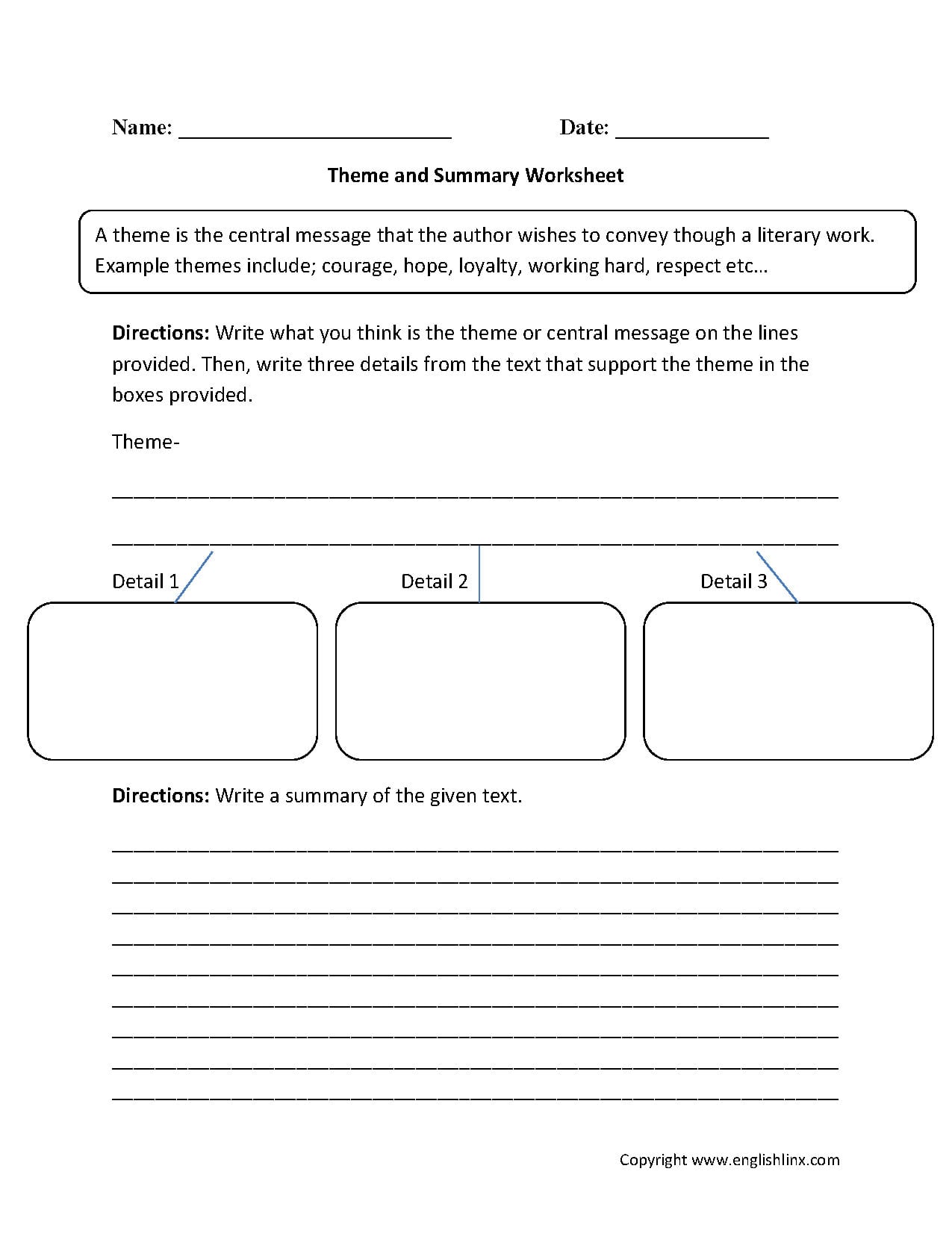 Printable Theme Worksheets Pdf