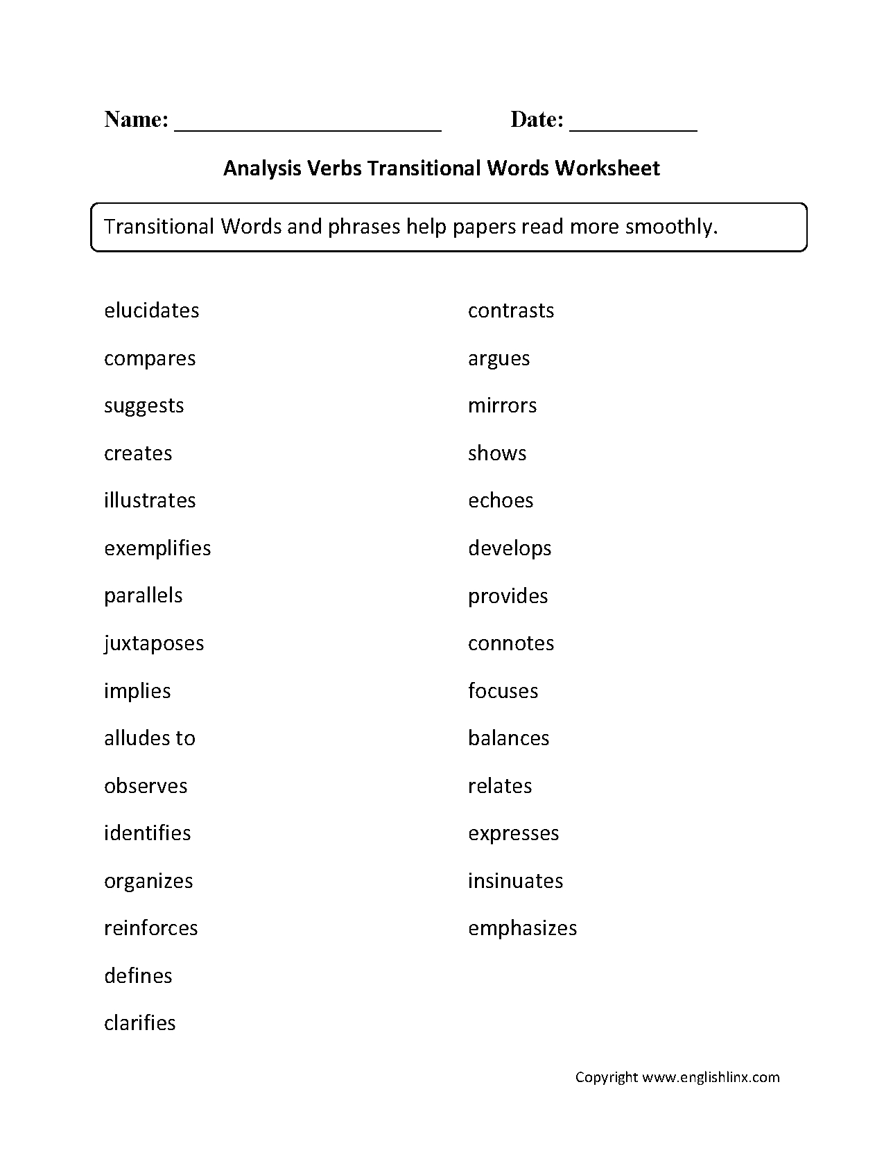 Transition Worksheets