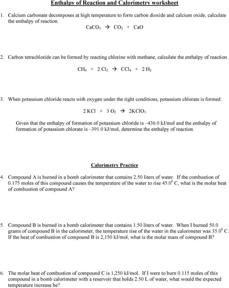 Calorimetry Practice Worksheet