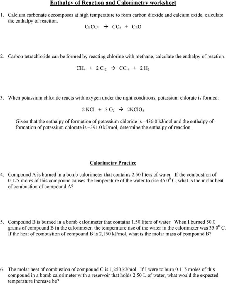 Enthalpy Of Reaction And Calorimetry Worksheet  Pdf