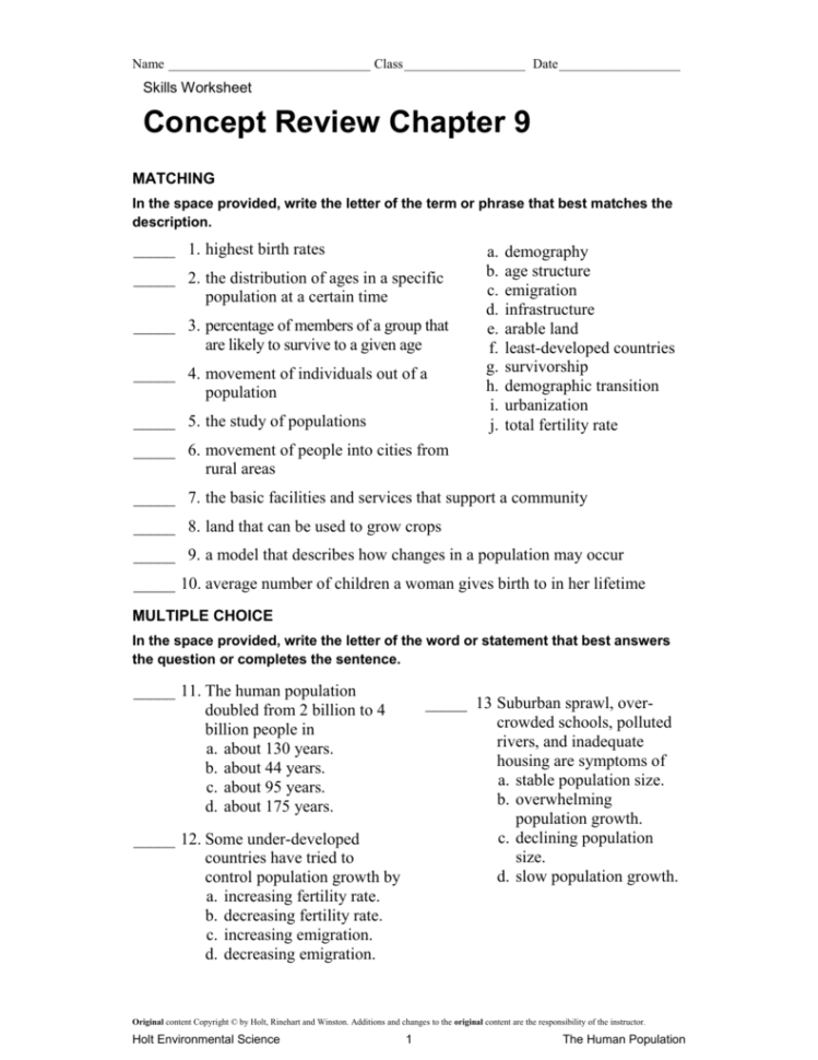 Environmental Science  Chapter 9 Worksheet