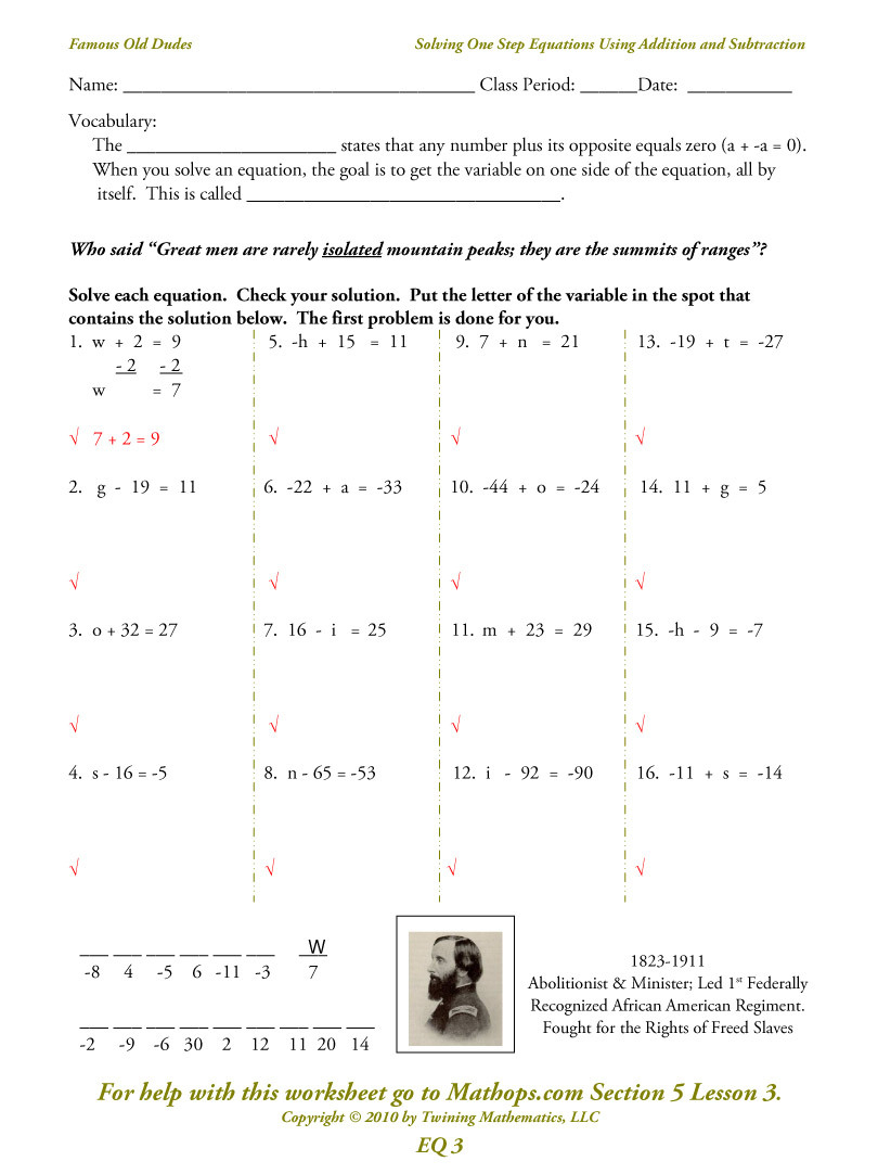 Eq03 Solving One Step Equations Using Addition And