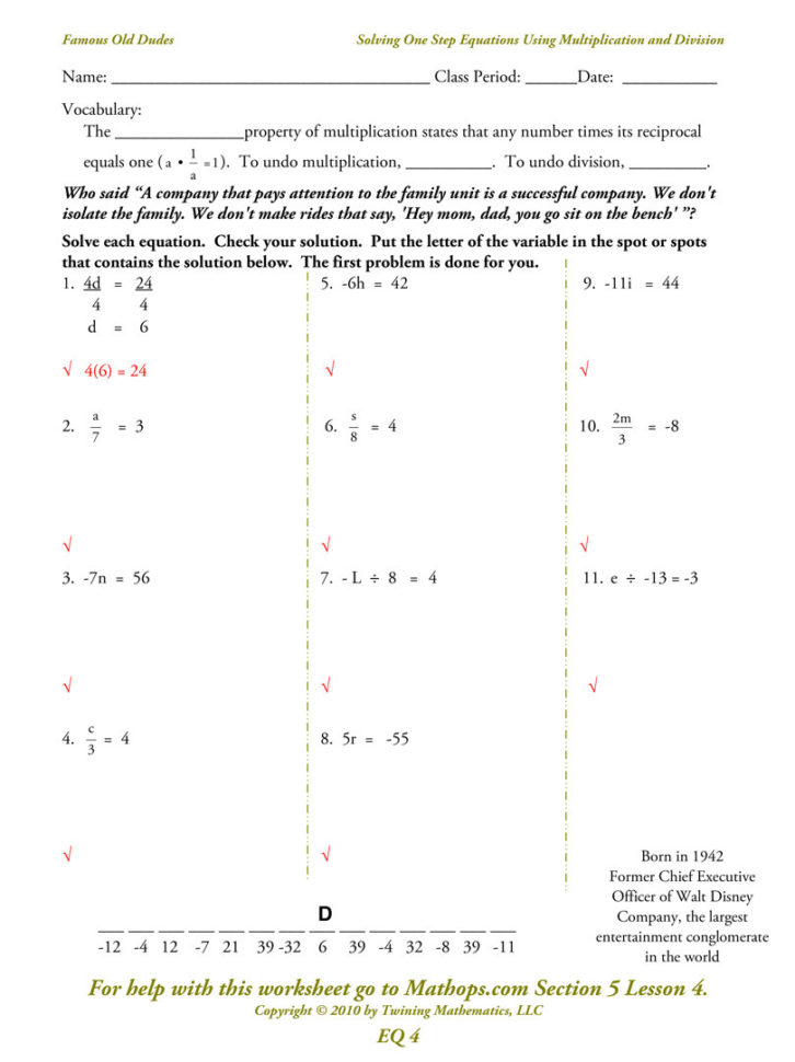 One Step Equations Worksheet — db-excel.com