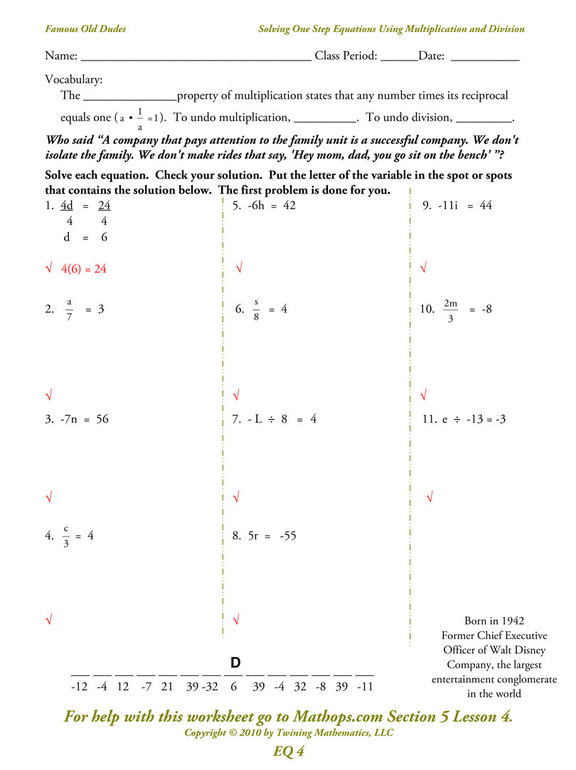 Eq04 Solving One Step Equations Using Multiplication And