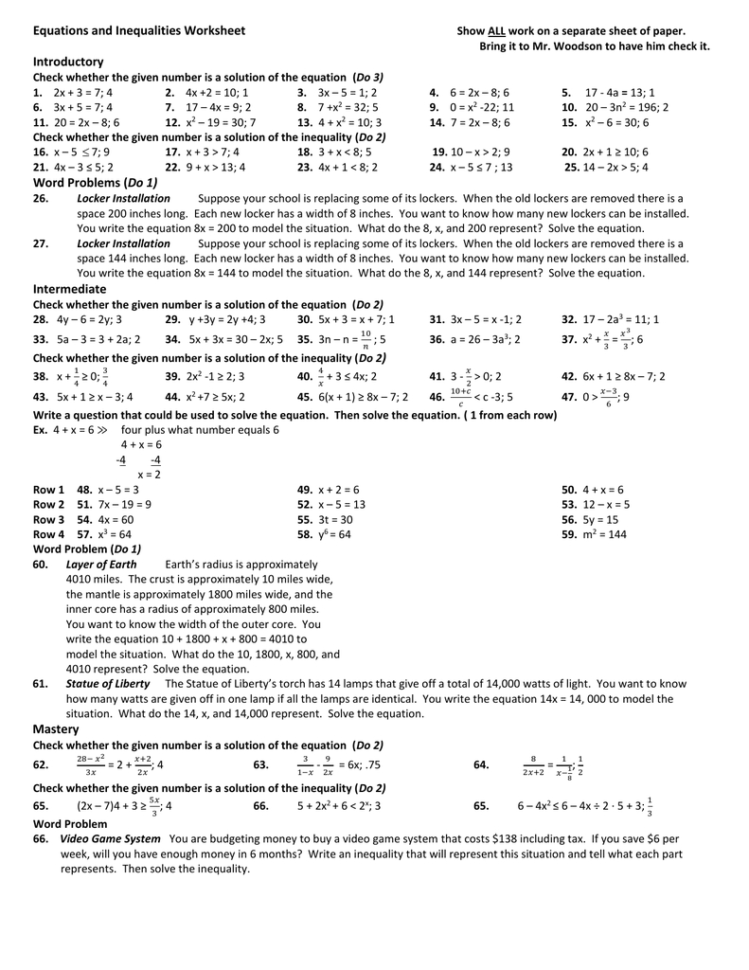 Equations And Inequalities Worksheet