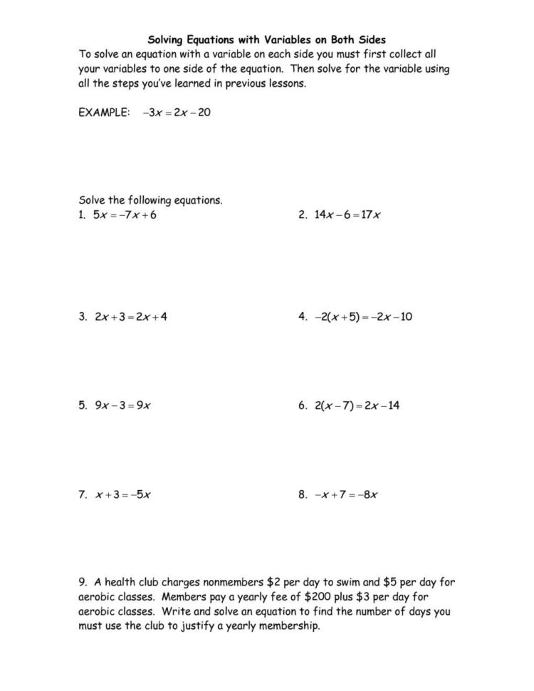 Equations With Variables On Both Sides Worksheet