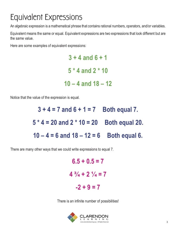 Equivalent Expressions Lesson Plan  Clarendon Learning