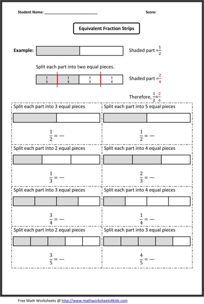 Equivalent Fractions Worksheet 4Th Grade For Download  Math