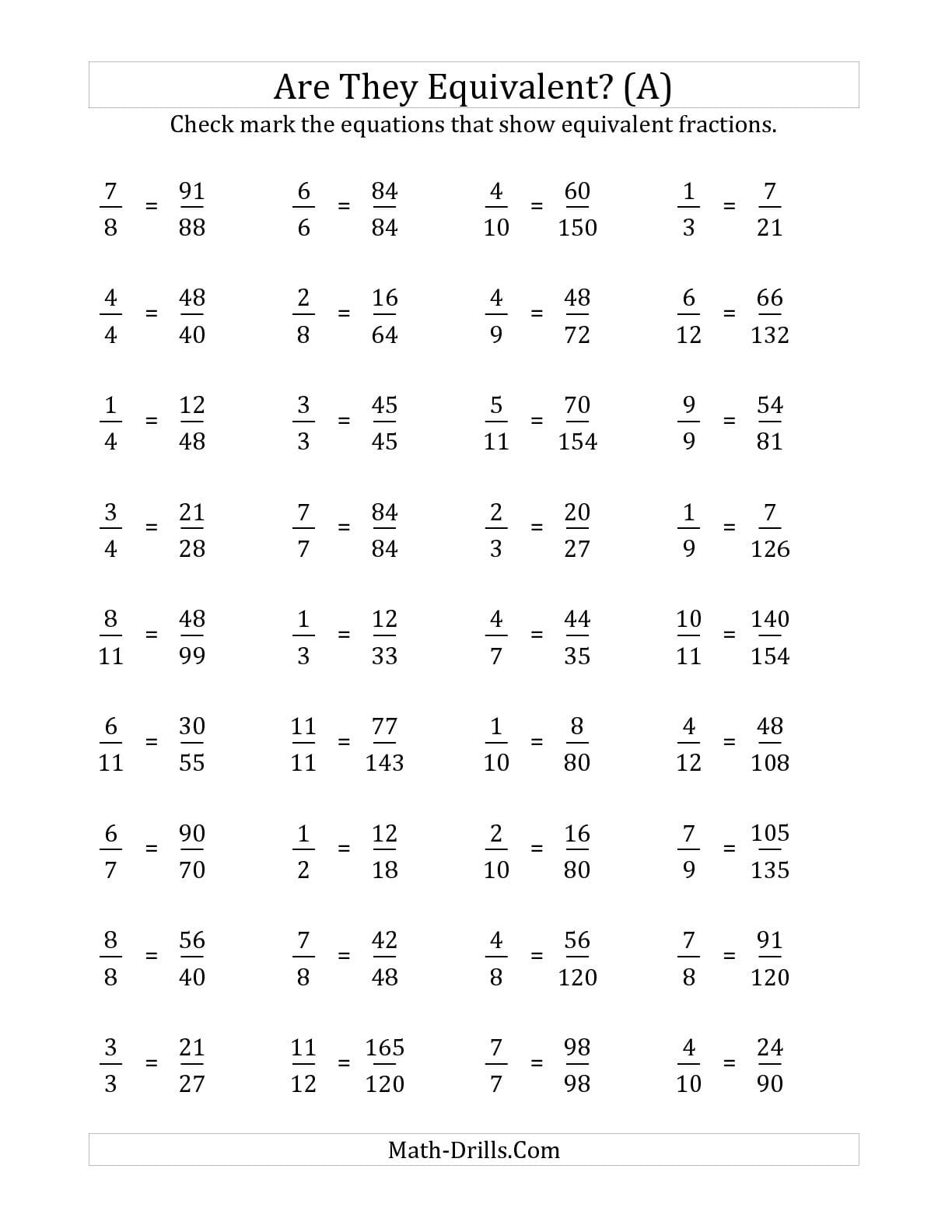 Equivalent Fractions Worksheet 4Th Grade For Printable To