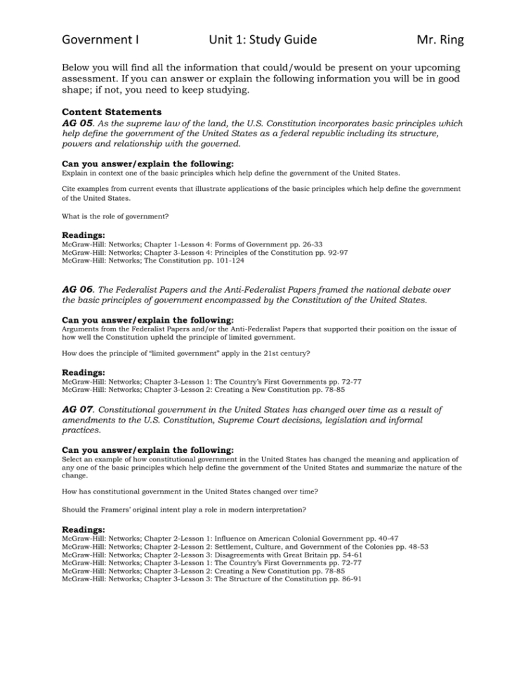 Ernment I Unit 1 Study Guide Mr Ring