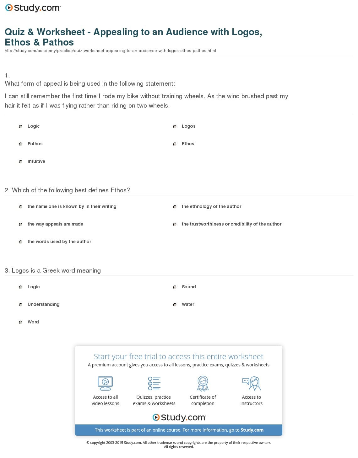 Essay Format S Pathos Logos Quiz Worksheet Appealing To An