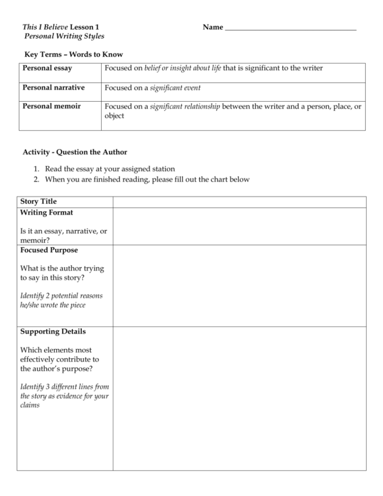 Essay  Memoir  Narrative Handout