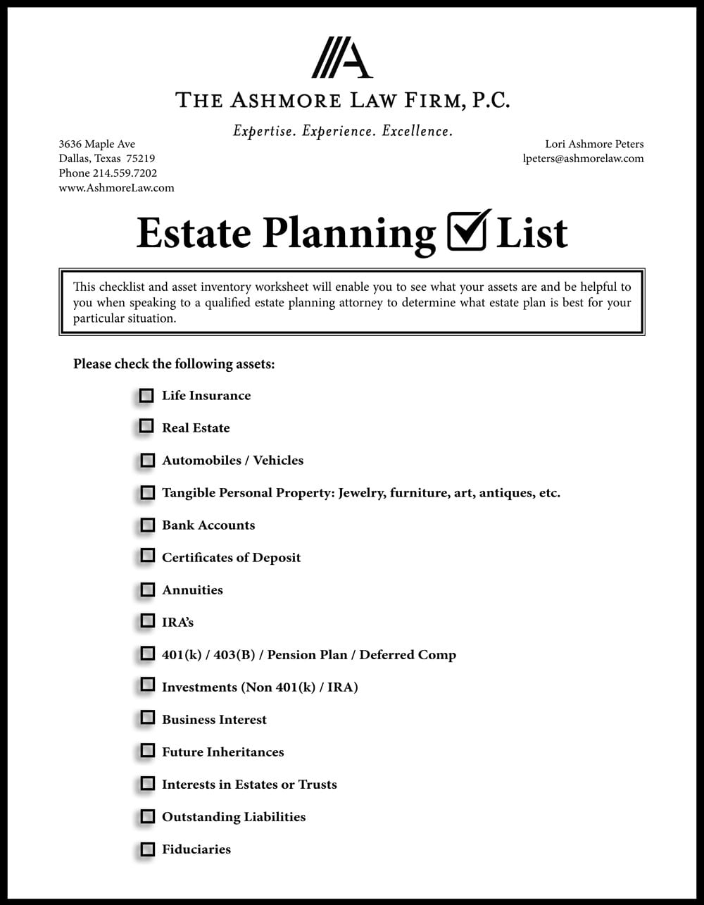Estate Planning Checklist And Asset Inventory Worksheet
