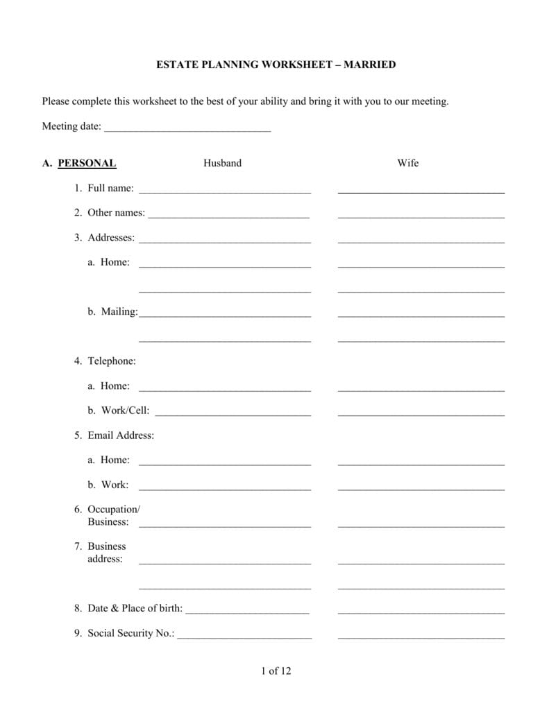 Estate Planning Worksheet Db excel