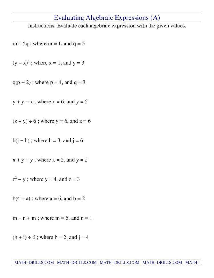 Evaluating Algebraic Expressions A