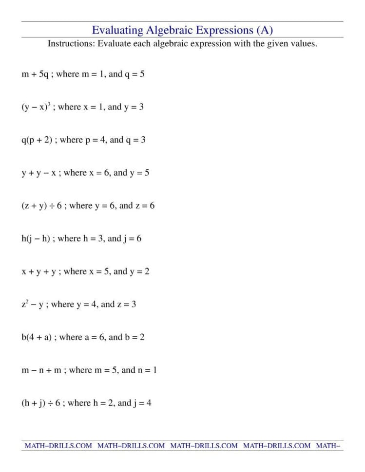 Evaluating Expressions Worksheet — db-excel.com